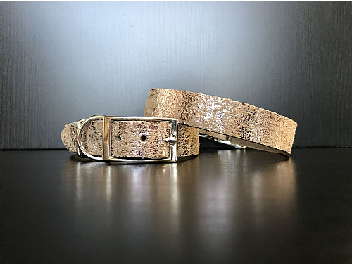 Beige with Silver Glitter - Leather Dog Collar - Size M